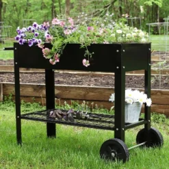Sunnydaze Decor Sunnydaze Outdoor Galvanized Steel Raised Mobile Elevated Planter Cart With Handlebar And Wheels - 43"
