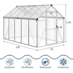Acekool 6x10FT Aluminum Greenhouse - Polycarbonate Panels, Roof Vent & Sliding Door For Outdoor Gardening