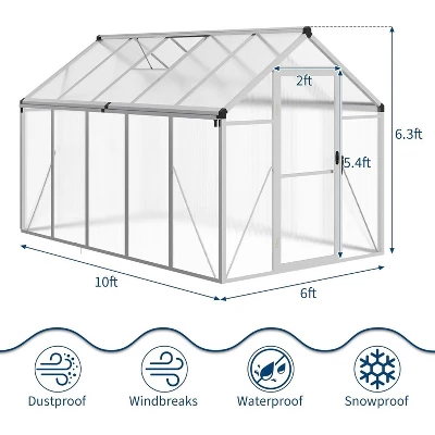 Acekool 6x10FT Aluminum Greenhouse - Polycarbonate Panels, Roof Vent & Sliding Door For Outdoor Gardening 1 Acekool 6x10FT Aluminum Greenhouse - Polycarbonate Panels, Roof Vent & Sliding Door For Outdoor Gardening
