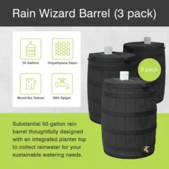 Good Ideas Rain Wizard 50 Gallon Plastic Outdoor Home Rain Barrel Water Storage Collector With Brass Spigot And Flat Back Design, Oak (3 Pack)
