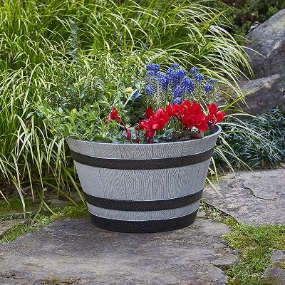 Southern Patio HDR-055457 Resin Whiskey Barrel Indoor Outdoor Garden Planter Pot For Vegetables, Trees, Plants, And Flowers, Gray (2 Pack) 4 Southern Patio HDR-055457 Resin Whiskey Barrel Indoor Outdoor Garden Planter Pot For Vegetables, Trees, Plants, And Flowers, Gray (2 Pack) - Image 4