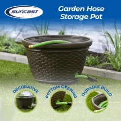 Suncast Plastic Wicker Garden Watering Hose Caddy Outdoor Storage Hideaway Holder Pot For 100 Foot Long Hoses With 4 Drain Holes, Java (3 Pack)