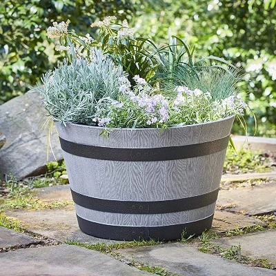 Southern Patio HDR-055457 Resin Whiskey Barrel Indoor Outdoor Garden Planter Pot For Vegetables, Trees, Plants, And Flowers, Gray (2 Pack) 2 Southern Patio HDR-055457 Resin Whiskey Barrel Indoor Outdoor Garden Planter Pot For Vegetables, Trees, Plants, And Flowers, Gray (2 Pack) - Image 2