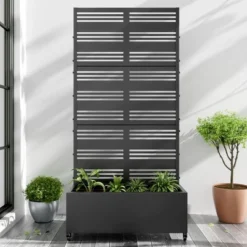 PexFix 72 In. X 35 In. Outdoor Metal Trellis With Planter Box Privacy Screen Garden Fence Wall Applique In Black
