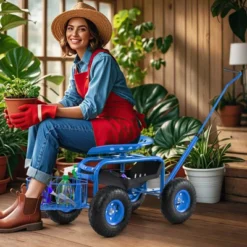 Tangkula Rolling Garden Cart Scooter W/ Adjustable Seat Storage Basket Tray Blue