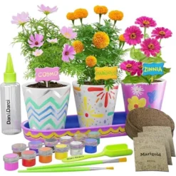 Dan&Darci Paint & Plant Stoneware Garden Kit – Paintable Flower Pots With Soil & Seeds, Craft Kit, Gifts For Kids