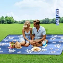 Heavy-Duty 480lbs Folding Wagon Cart With Bonus Picnic Mat - All-Terrain Beach Wheels, Drink Holders, Brakes & Side Pocket Blue Vertical Print -OUTSUNNY Sale Store GUEST 3d97e131 5f4b 4587 a9a1 dde3fa827ac7