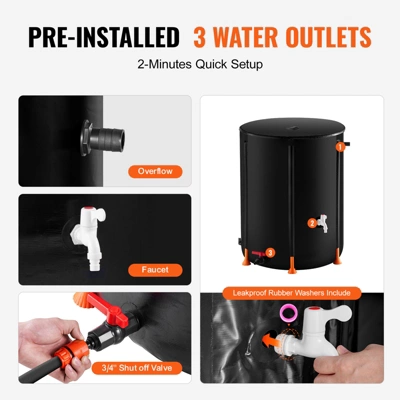 VEVOR Collapsible Rain Barrel, 53 Gallon/201 L Portable Rain Water Collection Barrel, PVC Rainwater Collection System With Spigots And Overflow Kit 5 VEVOR Collapsible Rain Barrel, 53 Gallon/201 L Portable Rain Water Collection Barrel, PVC Rainwater Collection System With Spigots And Overflow Kit - Image 5