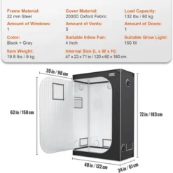 VEVOR Grow Tent, High Reflective 2000D Hydroponic Indoor Plant Growing System With Observation Window, Tool Bag, Floor Tray, 4x2’, Black/Gray