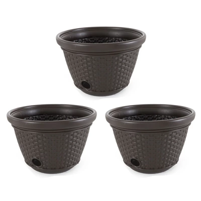 Suncast Plastic Wicker Garden Watering Hose Caddy Outdoor Storage Hideaway Holder Pot For 100 Foot Long Hoses With 4 Drain Holes, Java (3 Pack) 6 Suncast Plastic Wicker Garden Watering Hose Caddy Outdoor Storage Hideaway Holder Pot For 100 Foot Long Hoses With 4 Drain Holes, Java (3 Pack) - Image 6