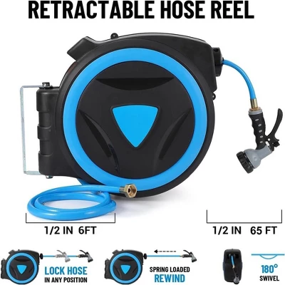 Retractable Garden Hose Reel 1/2 Inch X 65 Ft Wall Mount With 9-Pattern Nozzle 1 Retractable Garden Hose Reel 1/2 Inch X 65 Ft Wall Mount With 9-Pattern Nozzle