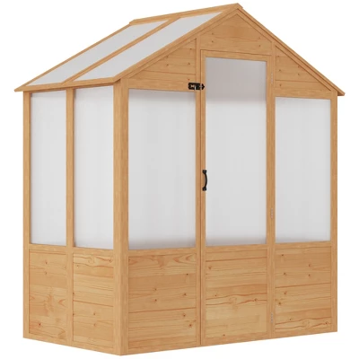 Outsunny 6.2' X 3.9' X 6.9' Polycarbonate Greenhouse, Walk-in Hot House Kit With Lockable Door, 5 Level Wind Resistant Wooden Frame, Natural Wood 3 Outsunny 6.2' X 3.9' X 6.9' Polycarbonate Greenhouse, Walk-in Hot House Kit With Lockable Door, 5 Level Wind Resistant Wooden Frame, Natural Wood - Image 3
