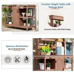 Whisen Outdoor Farmhouse Wooden Potting Bench Table, Garden Workstation With Drawers, Cabinet And Open Shelves