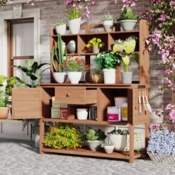 50”W Garden Potting Bench Table, Outdoor Patio Workstation With Hutch, Drawer And Adjustable Shelves, Fir Wood Frame, Brown/White/Natural-ModernLuxe -OUTSUNNY Sale Store GUEST 7300e10c 8040 4a51 a73e 812cd799be53