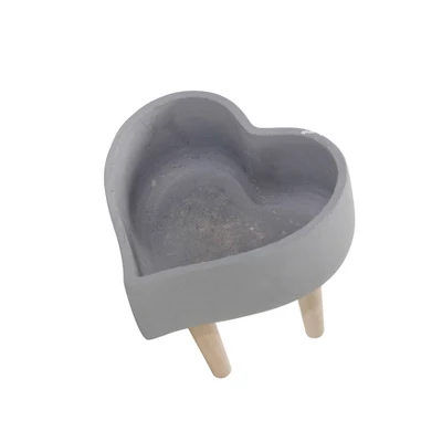 Sagebrook Home 9" Wide Heart Ceramic Planter Pot With Wood Legs Gray 2 Sagebrook Home 9" Wide Heart Ceramic Planter Pot With Wood Legs Gray - Image 2