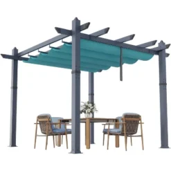 Acekool Aluminum Pergola With Retractable Canopy, Modern Outdoor Sun Shade Shelter