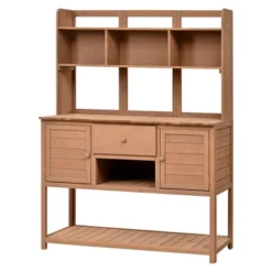 50”W Garden Potting Bench Table, Outdoor Patio Workstation With Hutch, Drawer And Adjustable Shelves, Fir Wood Frame, Brown/White/Natural-ModernLuxe -OUTSUNNY Sale Store GUEST ac4eb361 d7a4 400d 88bb 00221313bebe