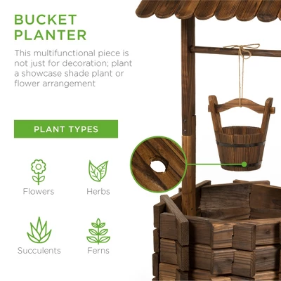 Best Choice Products Rustic Wooden Wishing Well Planter Outdoor Home Decor For Patio, Garden, Yard W/ Hanging Bucket 2 Best Choice Products Rustic Wooden Wishing Well Planter Outdoor Home Decor For Patio, Garden, Yard W/ Hanging Bucket - Image 2