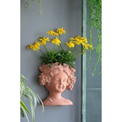 Gulches 11 Inch Gray Greek - Style Cement Head Planter For Indoor & Outdoor Garden Decor