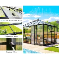 AMERLIFE 14x9.5x9 FT Polycarbonate Greenhouse, Aluminum Frame, Double Doors, 2 Vents, Rain Gutter -OUTSUNNY Sale Store GUEST bf74cb58 7edf 4773 a60d b85c43ce8cd4