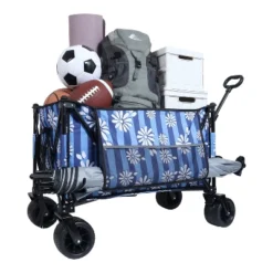 Heavy-Duty 480lbs Folding Wagon Cart With Bonus Picnic Mat - All-Terrain Beach Wheels, Drink Holders, Brakes & Side Pocket Blue Vertical Print -OUTSUNNY Sale Store GUEST c3a4dbd0 435a 4915 ba1e 9660cd79bf03