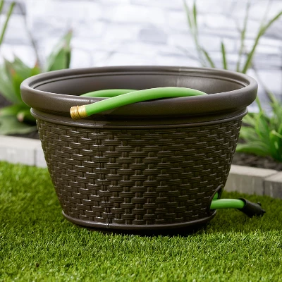 Suncast Plastic Wicker Garden Watering Hose Caddy Outdoor Storage Hideaway Holder Pot For 100 Foot Long Hoses With 4 Drain Holes, Java (3 Pack) 5 Suncast Plastic Wicker Garden Watering Hose Caddy Outdoor Storage Hideaway Holder Pot For 100 Foot Long Hoses With 4 Drain Holes, Java (3 Pack) - Image 5