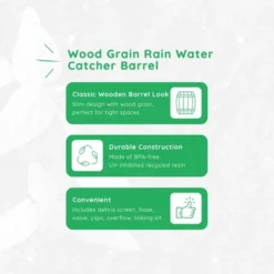 FCMP Outdoor WG4000-GRY Wood Grain Rain Barrel With Flat Back For Environmentally Friendly Watering Of Outdoor Plants, Gardens, And Landscapes, Black