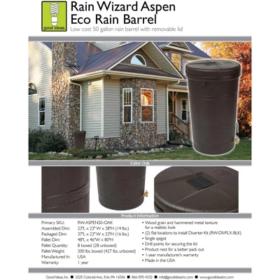 Good Ideas Aspen 50 Gallon Capacity Rain Barrel Water Storage Collector Saver With Brass Spigot And Removable Lid, Oak Brown (3 Pack) 2 Good Ideas Aspen 50 Gallon Capacity Rain Barrel Water Storage Collector Saver With Brass Spigot And Removable Lid, Oak Brown (3 Pack) - Image 2