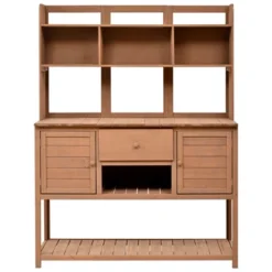 50”W Garden Potting Bench Table, Outdoor Patio Workstation With Hutch, Drawer And Adjustable Shelves, Fir Wood Frame, Brown/White/Natural-ModernLuxe -OUTSUNNY Sale Store GUEST f22f5312 ed04 4c7e 968e 142095a07f56