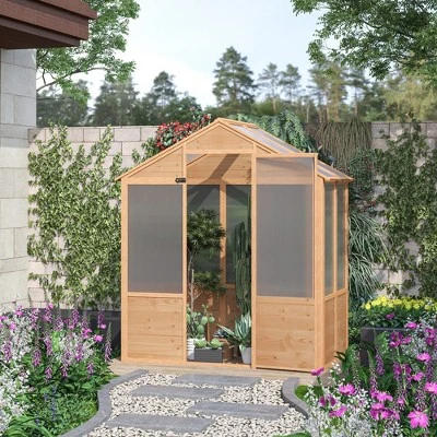 Outsunny 6.2' X 3.9' X 6.9' Polycarbonate Greenhouse, Walk-in Hot House Kit With Lockable Door, 5 Level Wind Resistant Wooden Frame, Natural Wood 1 Outsunny 6.2' X 3.9' X 6.9' Polycarbonate Greenhouse, Walk-in Hot House Kit With Lockable Door, 5 Level Wind Resistant Wooden Frame, Natural Wood