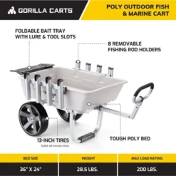 Gorilla Carts Poly Fish & Marine Cart, 5 Cu Ft Capacity, 200 Lb Load Rating – Aluminum Frame, 13” All-Terrain Tires, 8 Rod Holders, Foldable Bait Tray